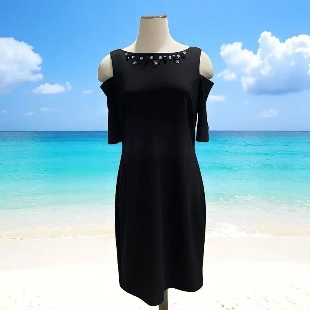 NWT Jessica Howard Petite 14P Black Cocktail Dress Cold Shoulder Beaded Chic